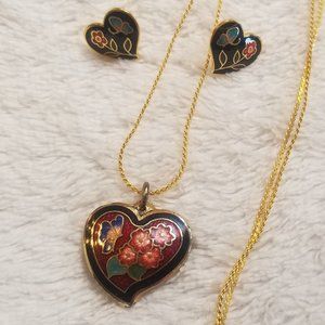 Vintage Cloisonne Heart Pendant and Earrings Set